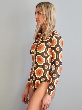 The Hippie Shake Brown Retro Floral Zip Front Mod 60s 70s Disco Bodysuit NWOT 4